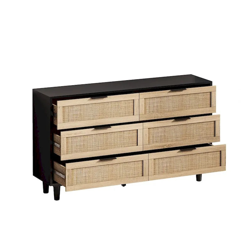 Commode à six tiroirs Façades de tiroirs en rotin tressé Poignées barres noires Pieds coniques en bois massif Cadre en aggloméré