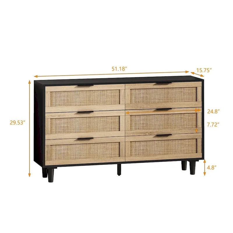 Commode à six tiroirs Façades de tiroirs en rotin tressé Poignées barres noires Pieds coniques en bois massif Cadre en aggloméré