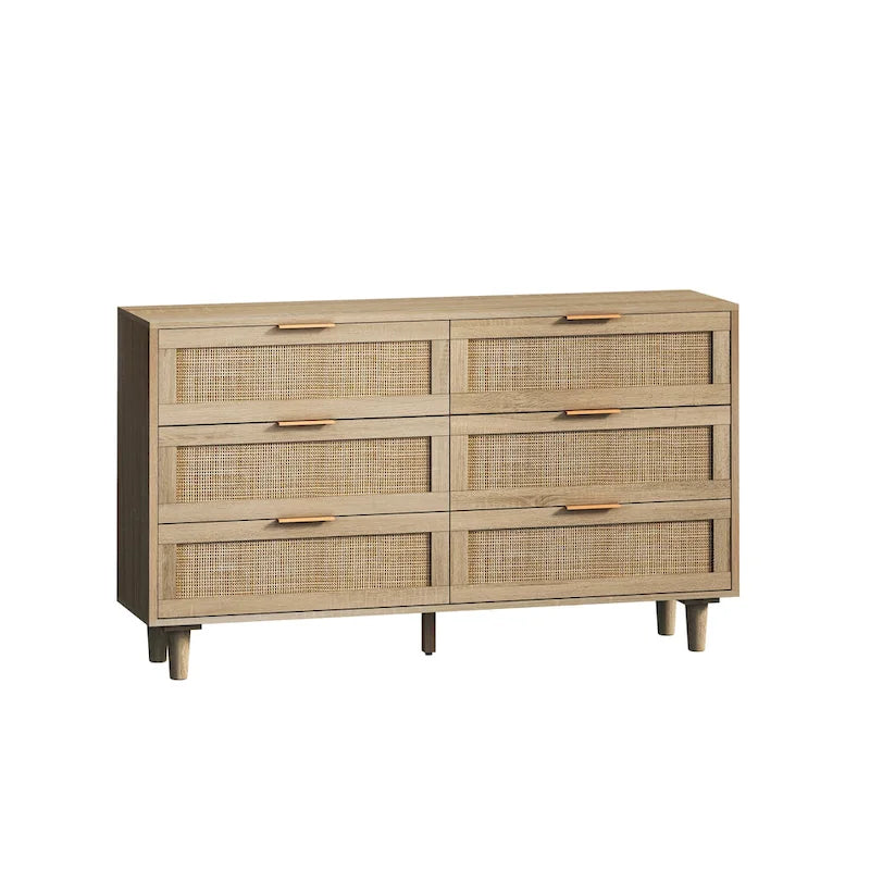 Commode à six tiroirs Façades de tiroirs en rotin tressé Poignées barres noires Pieds coniques en bois massif Cadre en aggloméré