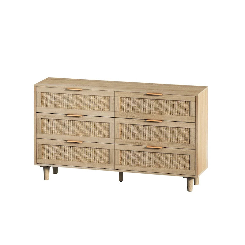 Commode à six tiroirs Façades de tiroirs en rotin tressé Poignées barres noires Pieds coniques en bois massif Cadre en aggloméré
