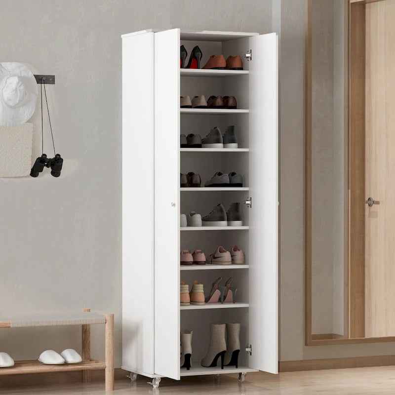 Meuble à chaussures haut double porte huit étagères intérieures trois réglables contient 24 paires quatre roulettes poignées bouton rond MDF