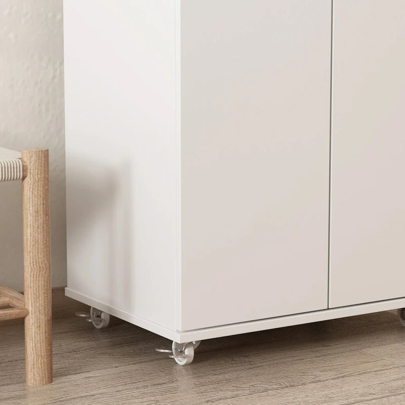 Meuble à chaussures haut double porte huit étagères intérieures trois réglables contient 24 paires quatre roulettes poignées bouton rond MDF