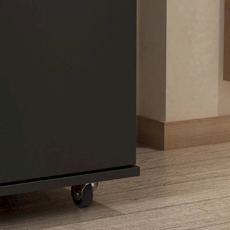 Meuble à chaussures haut double porte huit étagères intérieures trois réglables contient 24 paires quatre roulettes poignées bouton rond MDF