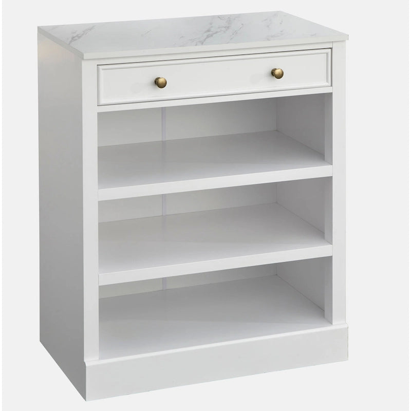 Étagère Ouverte, Un Tiroir, Deux Tablettes Fixes, Dessus en Faux Marbre, Quincaillerie en Laiton, Fini MDF Blanc, Style Ferme Moderne