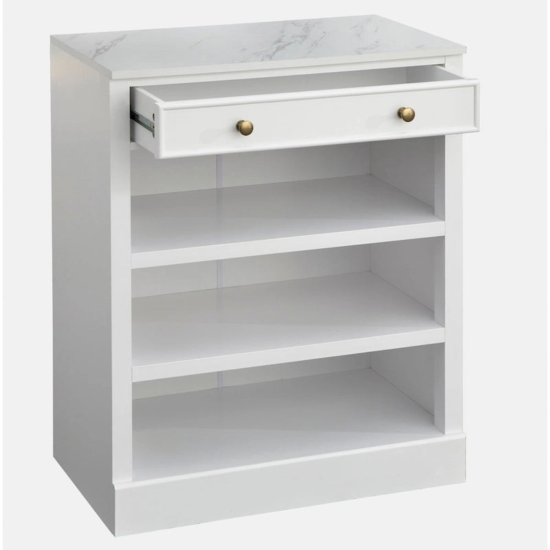 Étagère Ouverte, Un Tiroir, Deux Tablettes Fixes, Dessus en Faux Marbre, Quincaillerie en Laiton, Fini MDF Blanc, Style Ferme Moderne