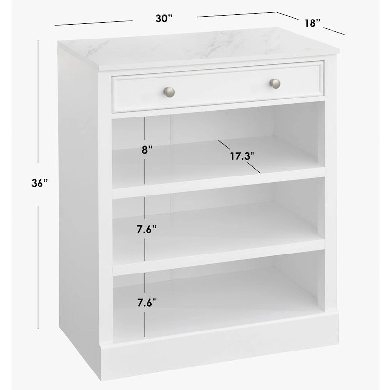 Étagère Ouverte, Un Tiroir, Deux Tablettes Fixes, Dessus en Faux Marbre, Quincaillerie en Laiton, Fini MDF Blanc, Style Ferme Moderne