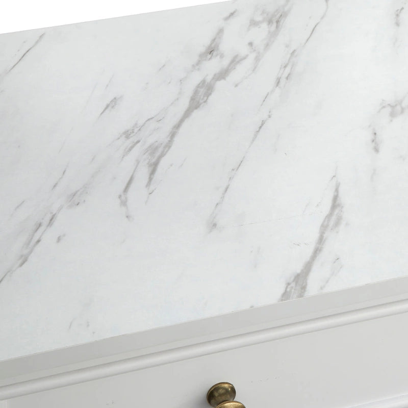 Étagère Ouverte, Un Tiroir, Deux Tablettes Fixes, Dessus en Faux Marbre, Quincaillerie en Laiton, Fini MDF Blanc, Style Ferme Moderne