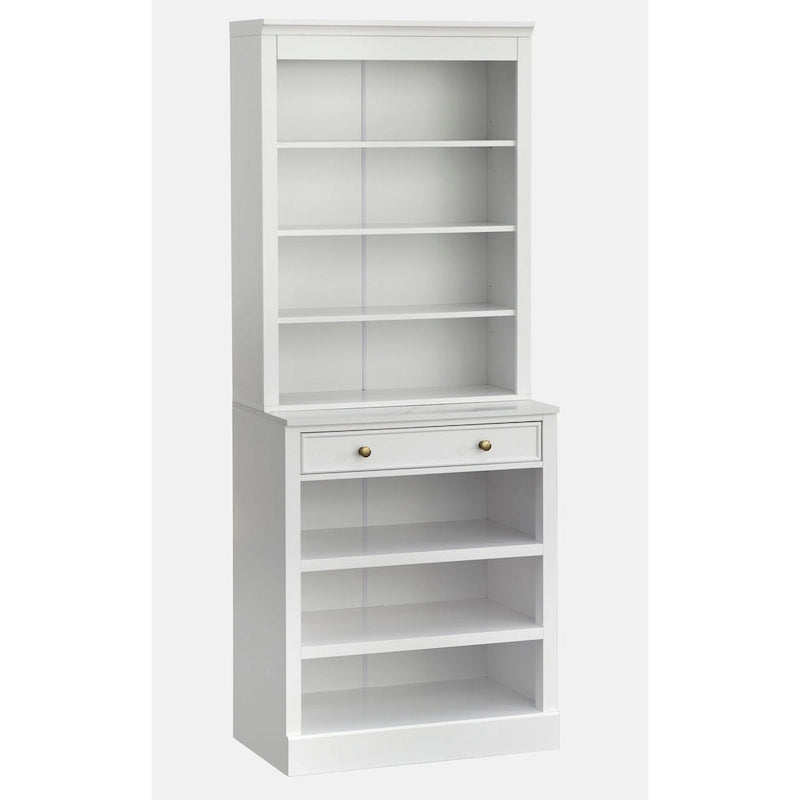 Étagère Ouverte, Un Tiroir, Deux Tablettes Fixes, Dessus en Faux Marbre, Quincaillerie en Laiton, Fini MDF Blanc, Style Ferme Moderne