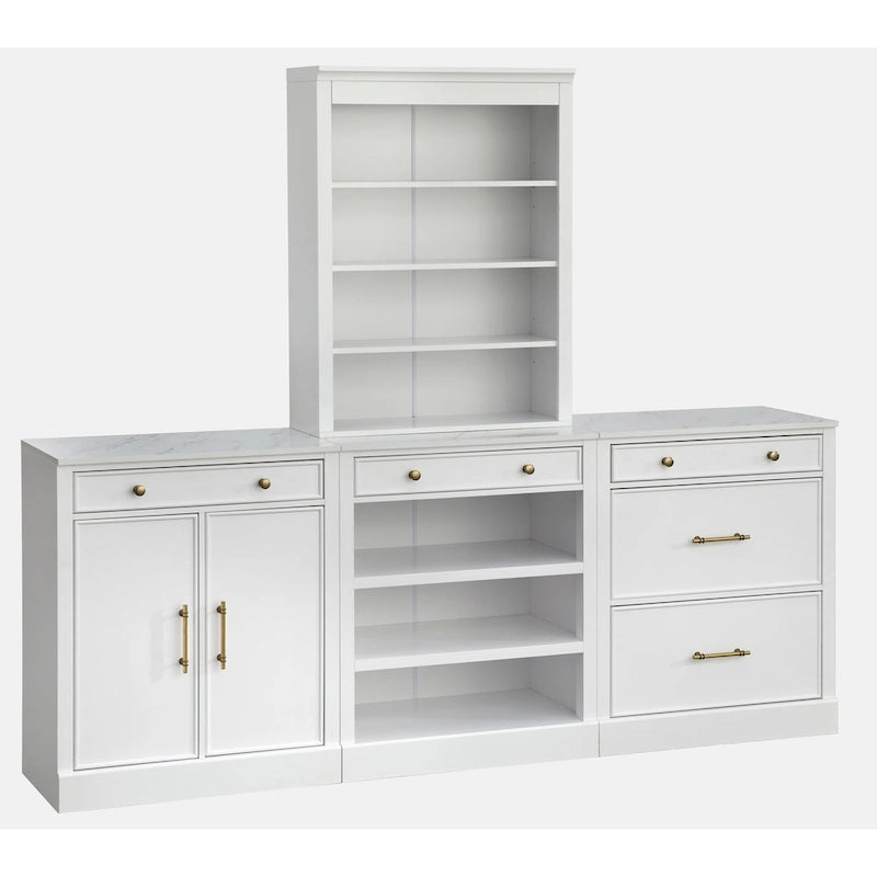 Étagère Ouverte, Un Tiroir, Deux Tablettes Fixes, Dessus en Faux Marbre, Quincaillerie en Laiton, Fini MDF Blanc, Style Ferme Moderne
