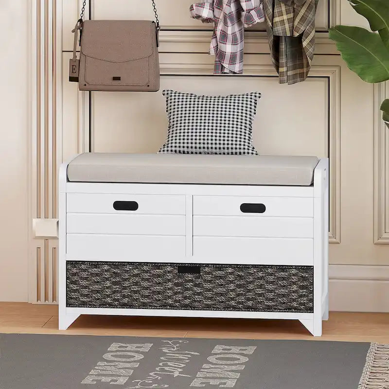 Banc de rangement pour entrée, deux tiroirs, panier tressé amovible, coussin amovible, poignées latérales évidées, cadre en bois d'acacia, panneaux horizontaux en MDF