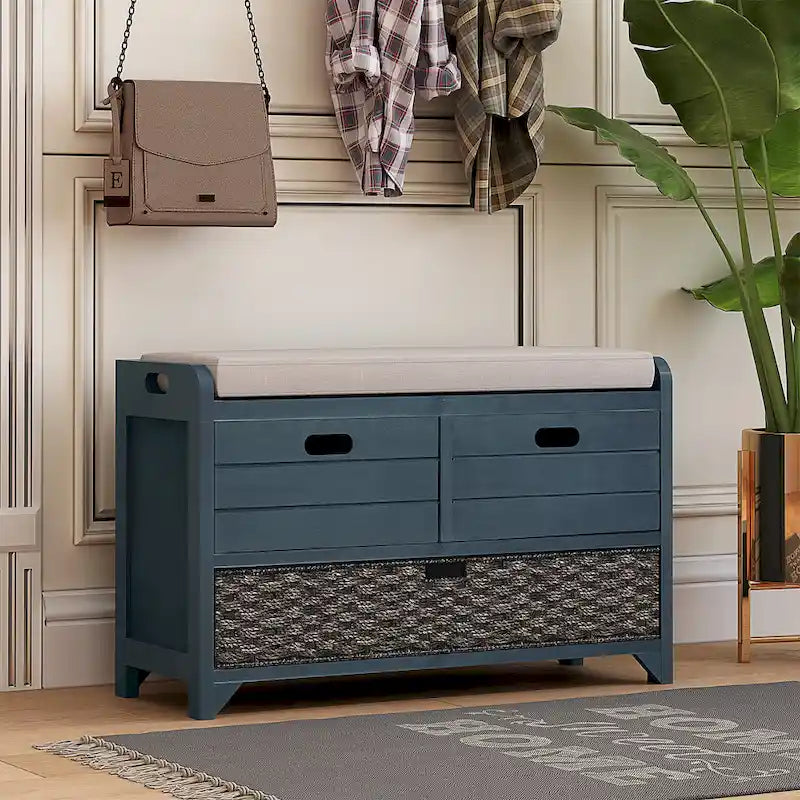 Banc de rangement pour entrée, deux tiroirs, panier tressé amovible, coussin amovible, poignées latérales évidées, cadre en bois d'acacia, panneaux horizontaux en MDF
