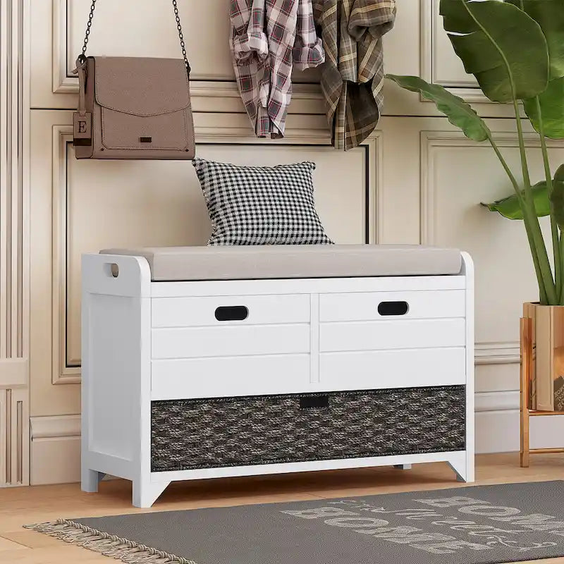 Banc de rangement pour entrée, deux tiroirs, panier tressé amovible, coussin amovible, poignées latérales évidées, cadre en bois d'acacia, panneaux horizontaux en MDF