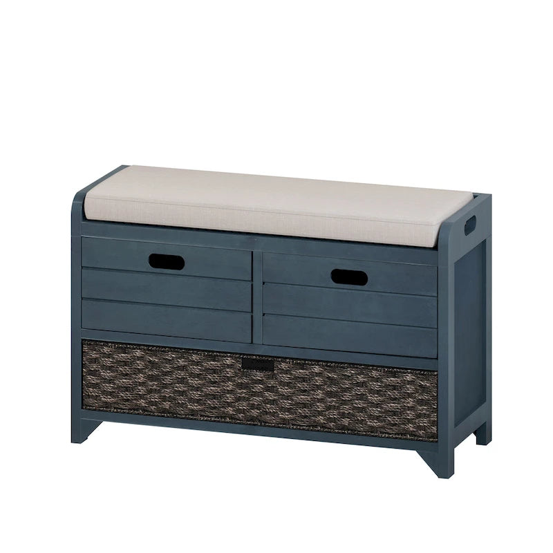 Banc de rangement pour entrée, deux tiroirs, panier tressé amovible, coussin amovible, poignées latérales évidées, cadre en bois d'acacia, panneaux horizontaux en MDF