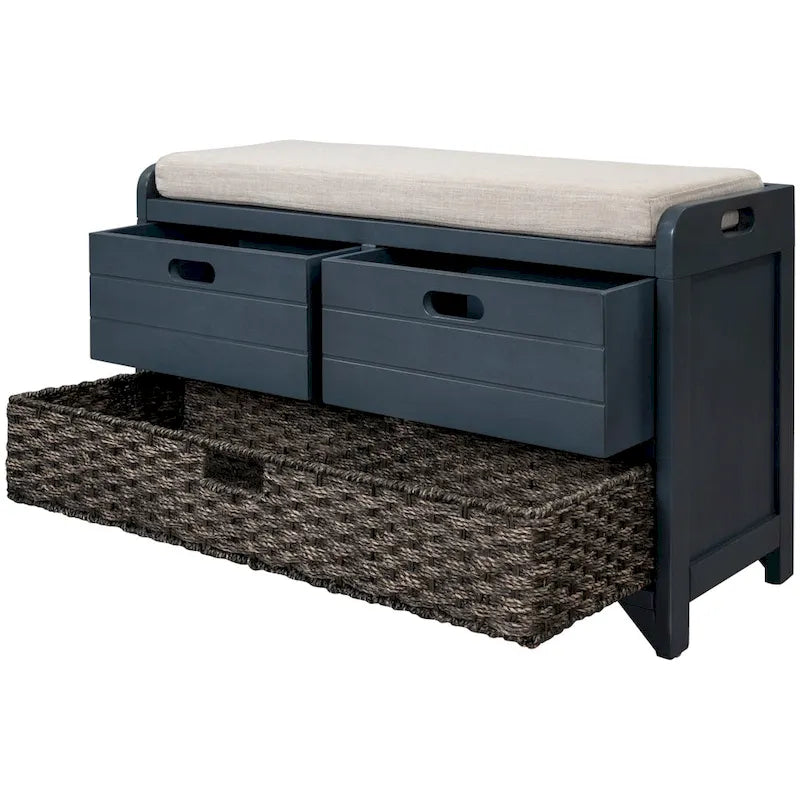 Banc de rangement pour entrée, deux tiroirs, panier tressé amovible, coussin amovible, poignées latérales évidées, cadre en bois d'acacia, panneaux horizontaux en MDF