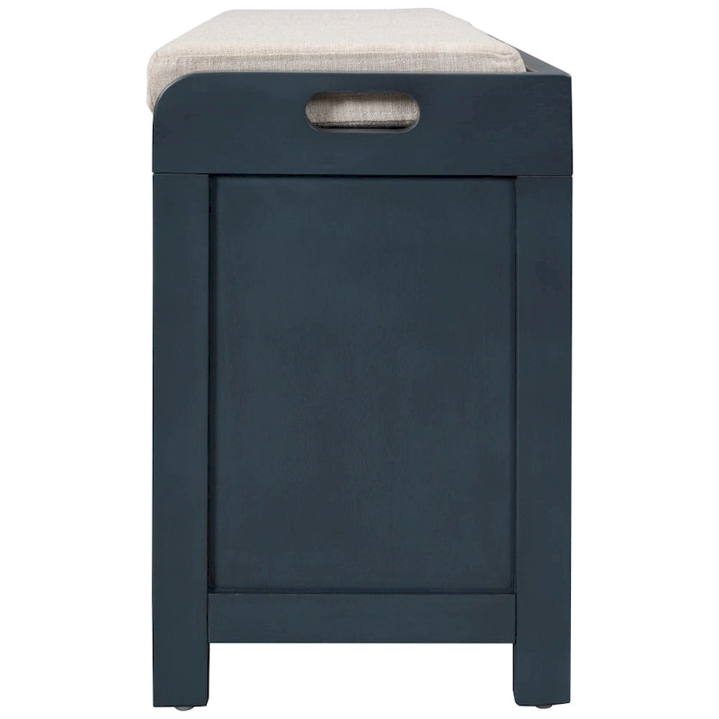 Banc de rangement pour entrée, deux tiroirs, panier tressé amovible, coussin amovible, poignées latérales évidées, cadre en bois d'acacia, panneaux horizontaux en MDF