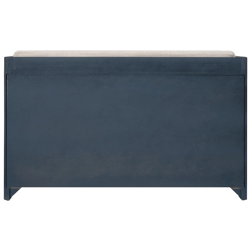 Banc de rangement pour entrée, deux tiroirs, panier tressé amovible, coussin amovible, poignées latérales évidées, cadre en bois d'acacia, panneaux horizontaux en MDF