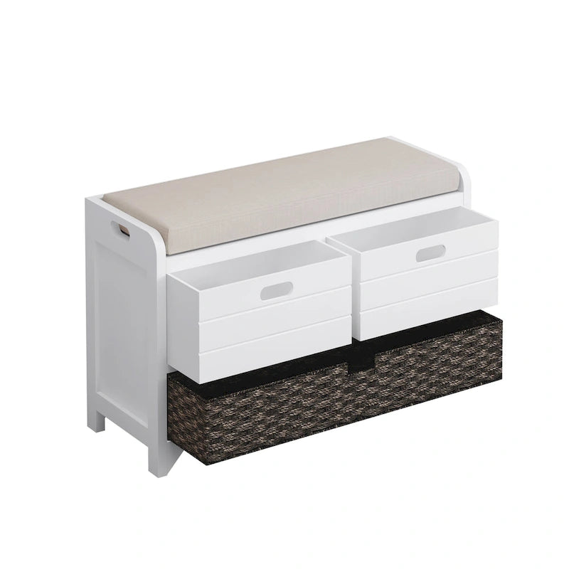 Banc de rangement pour entrée, deux tiroirs, panier tressé amovible, coussin amovible, poignées latérales évidées, cadre en bois d'acacia, panneaux horizontaux en MDF
