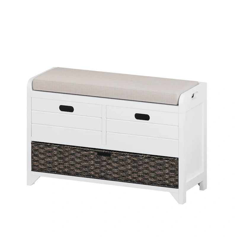 Banc de rangement pour entrée, deux tiroirs, panier tressé amovible, coussin amovible, poignées latérales évidées, cadre en bois d'acacia, panneaux horizontaux en MDF