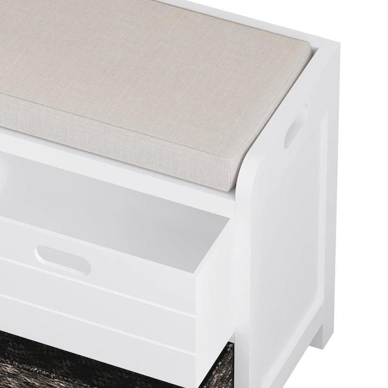 Banc de rangement pour entrée, deux tiroirs, panier tressé amovible, coussin amovible, poignées latérales évidées, cadre en bois d'acacia, panneaux horizontaux en MDF