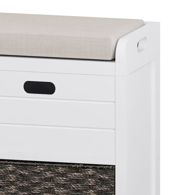 Banc de rangement pour entrée, deux tiroirs, panier tressé amovible, coussin amovible, poignées latérales évidées, cadre en bois d'acacia, panneaux horizontaux en MDF