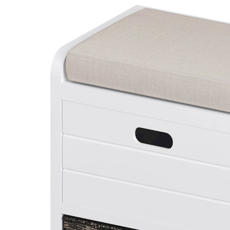 Banc de rangement pour entrée, deux tiroirs, panier tressé amovible, coussin amovible, poignées latérales évidées, cadre en bois d'acacia, panneaux horizontaux en MDF