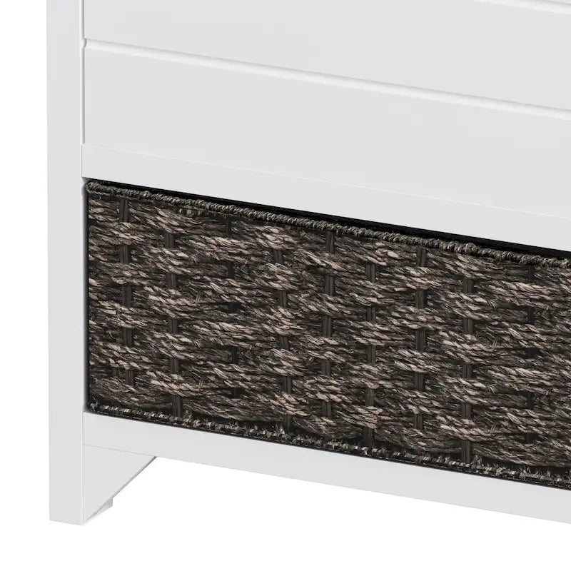 Banc de rangement pour entrée, deux tiroirs, panier tressé amovible, coussin amovible, poignées latérales évidées, cadre en bois d'acacia, panneaux horizontaux en MDF