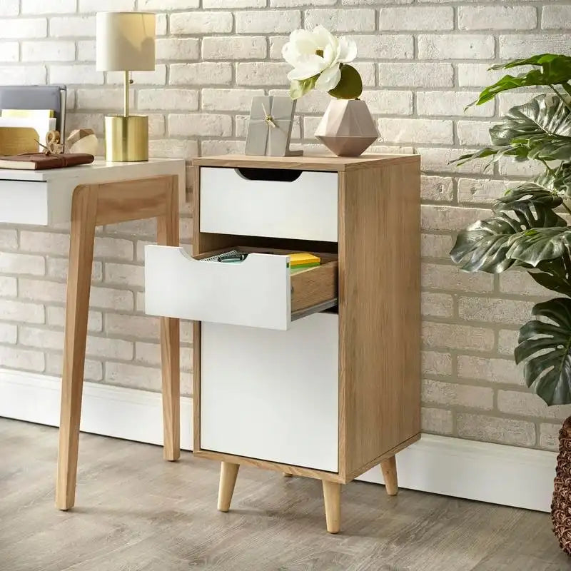 Meuble de classement Mid-Century Modern Deux tiroirs de rangement Un tiroir pour dossiers format lettre Pieds coniques Panneaux de particules stratifiés