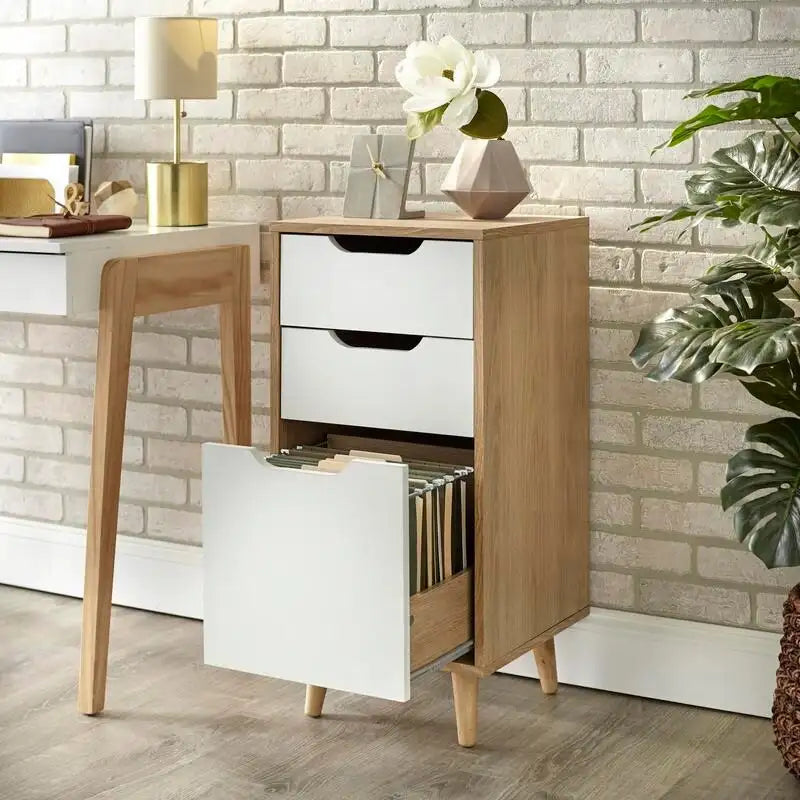 Meuble de classement Mid-Century Modern Deux tiroirs de rangement Un tiroir pour dossiers format lettre Pieds coniques Panneaux de particules stratifiés