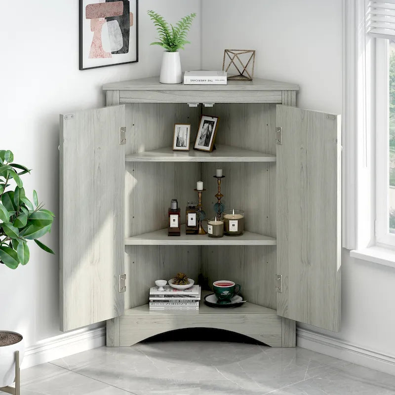 Meuble de Rangement d'Angle Deux Portes Trois Étagères Réglables Base Cintrée MDF Finition Grain de Bois Résistante à l'Humidité