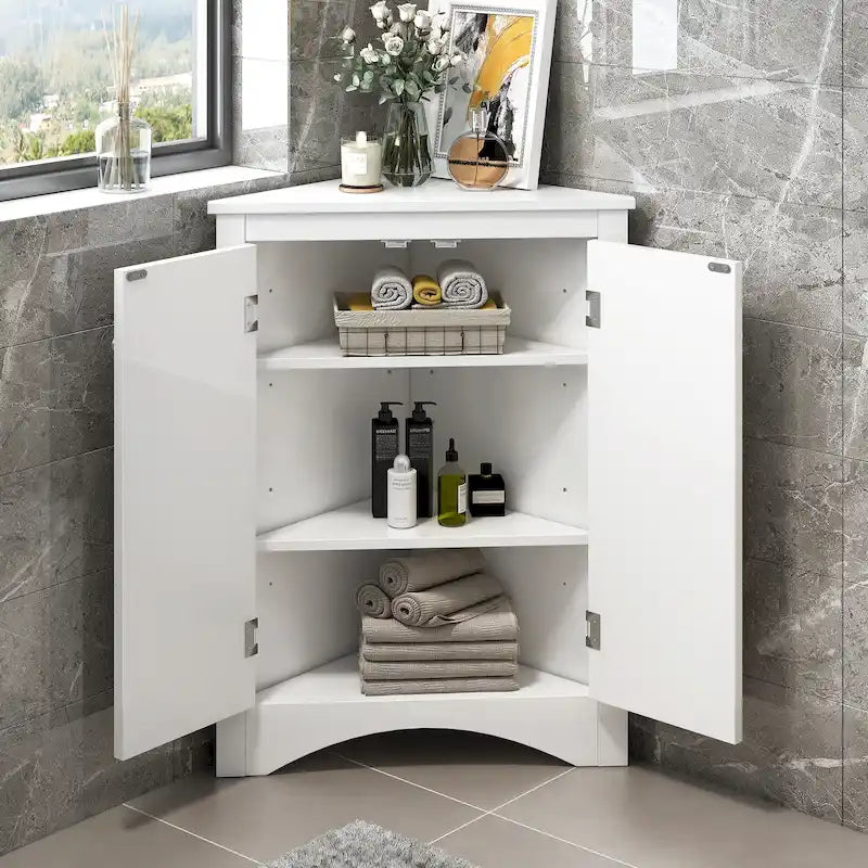 Meuble de Rangement d'Angle Deux Portes Trois Étagères Réglables Base Cintrée MDF Finition Grain de Bois Résistante à l'Humidité
