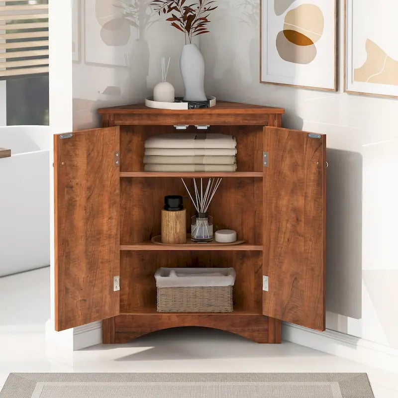 Meuble de Rangement d'Angle Deux Portes Trois Étagères Réglables Base Cintrée MDF Finition Grain de Bois Résistante à l'Humidité