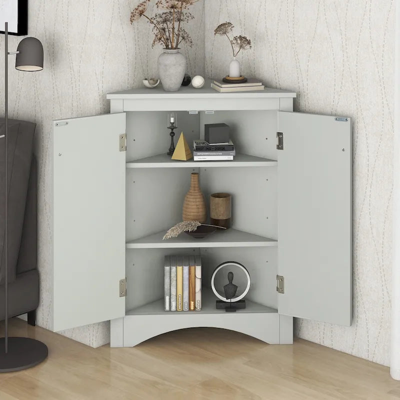 Meuble de Rangement d'Angle Deux Portes Trois Étagères Réglables Base Cintrée MDF Finition Grain de Bois Résistante à l'Humidité