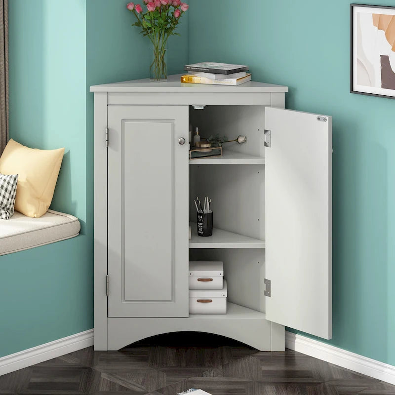 Meuble de Rangement d'Angle Deux Portes Trois Étagères Réglables Base Cintrée MDF Finition Grain de Bois Résistante à l'Humidité