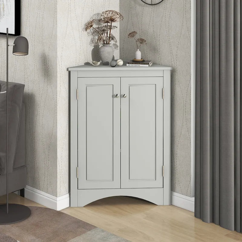 Meuble de Rangement d'Angle Deux Portes Trois Étagères Réglables Base Cintrée MDF Finition Grain de Bois Résistante à l'Humidité