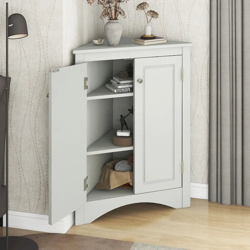 Meuble de Rangement d'Angle Deux Portes Trois Étagères Réglables Base Cintrée MDF Finition Grain de Bois Résistante à l'Humidité