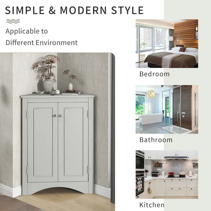 Meuble de Rangement d'Angle Deux Portes Trois Étagères Réglables Base Cintrée MDF Finition Grain de Bois Résistante à l'Humidité