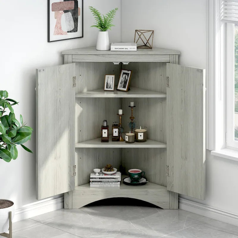 Meuble de Rangement d'Angle Deux Portes Trois Étagères Réglables Base Cintrée MDF Finition Grain de Bois Résistante à l'Humidité