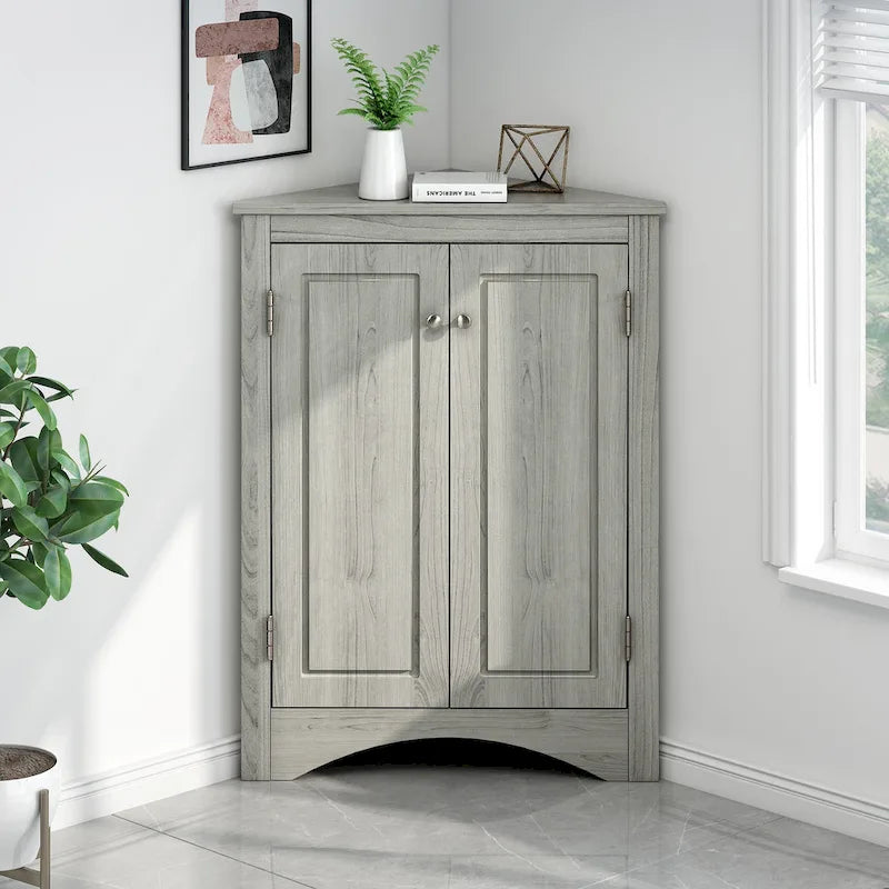 Meuble de Rangement d'Angle Deux Portes Trois Étagères Réglables Base Cintrée MDF Finition Grain de Bois Résistante à l'Humidité