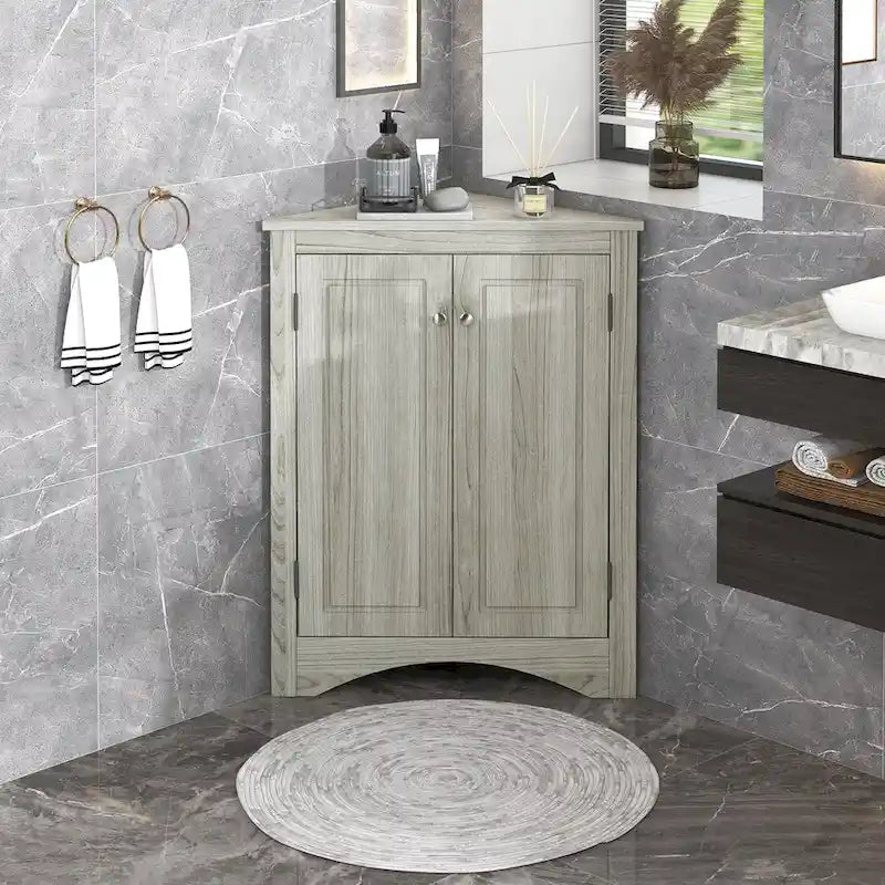 Meuble de Rangement d'Angle Deux Portes Trois Étagères Réglables Base Cintrée MDF Finition Grain de Bois Résistante à l'Humidité