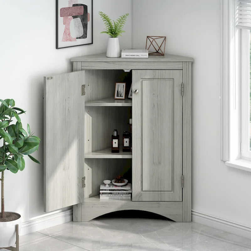 Meuble de Rangement d'Angle Deux Portes Trois Étagères Réglables Base Cintrée MDF Finition Grain de Bois Résistante à l'Humidité