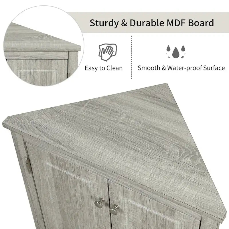 Meuble de Rangement d'Angle Deux Portes Trois Étagères Réglables Base Cintrée MDF Finition Grain de Bois Résistante à l'Humidité