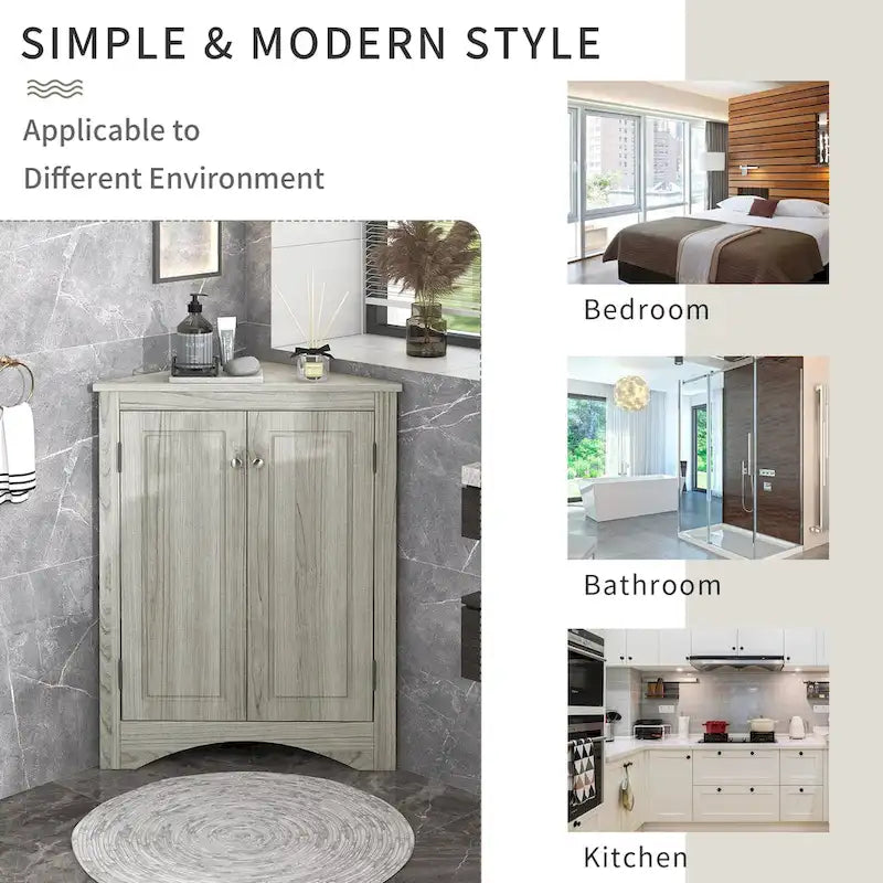 Meuble de Rangement d'Angle Deux Portes Trois Étagères Réglables Base Cintrée MDF Finition Grain de Bois Résistante à l'Humidité