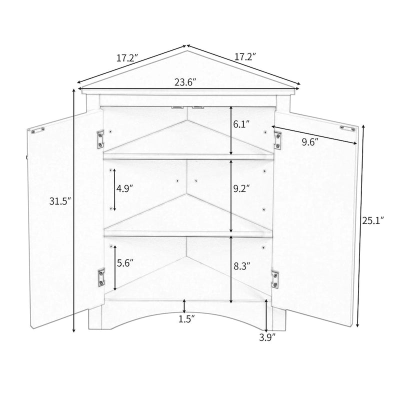 Meuble de Rangement d'Angle Deux Portes Trois Étagères Réglables Base Cintrée MDF Finition Grain de Bois Résistante à l'Humidité