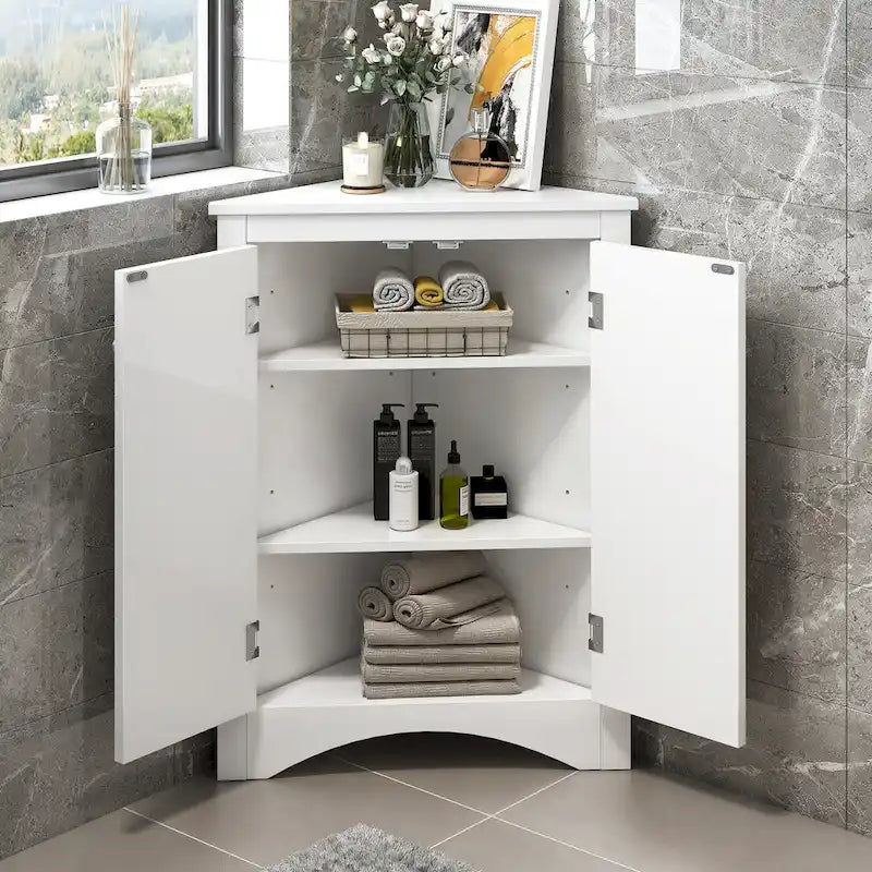Meuble de Rangement d'Angle Deux Portes Trois Étagères Réglables Base Cintrée MDF Finition Grain de Bois Résistante à l'Humidité