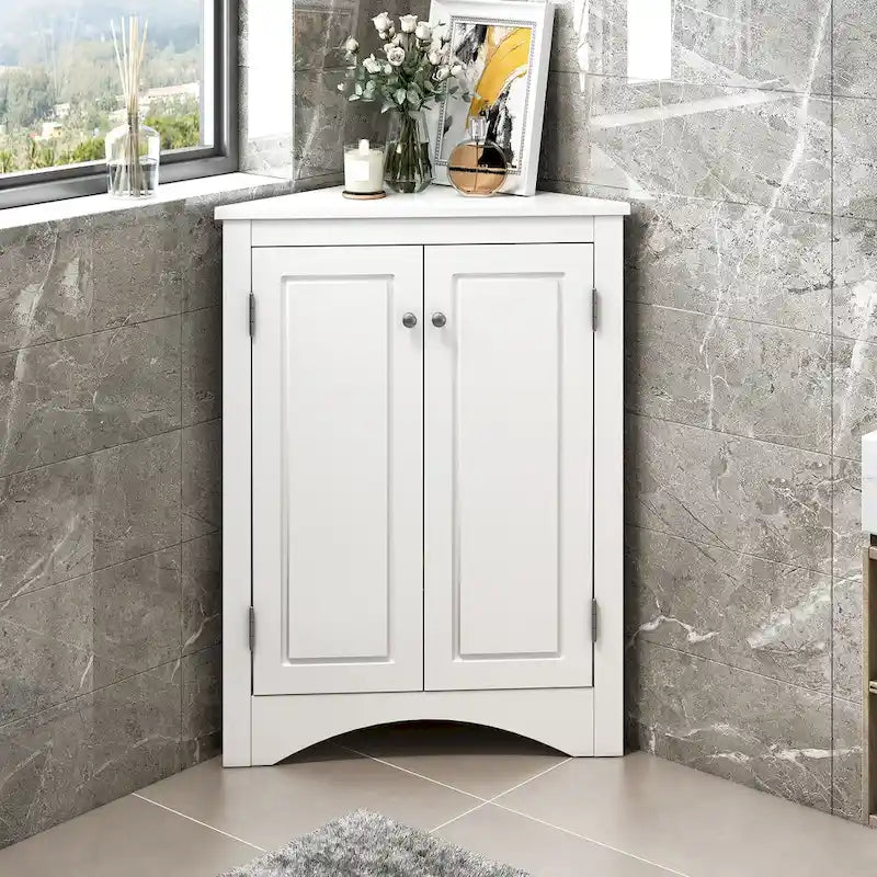 Meuble de Rangement d'Angle Deux Portes Trois Étagères Réglables Base Cintrée MDF Finition Grain de Bois Résistante à l'Humidité