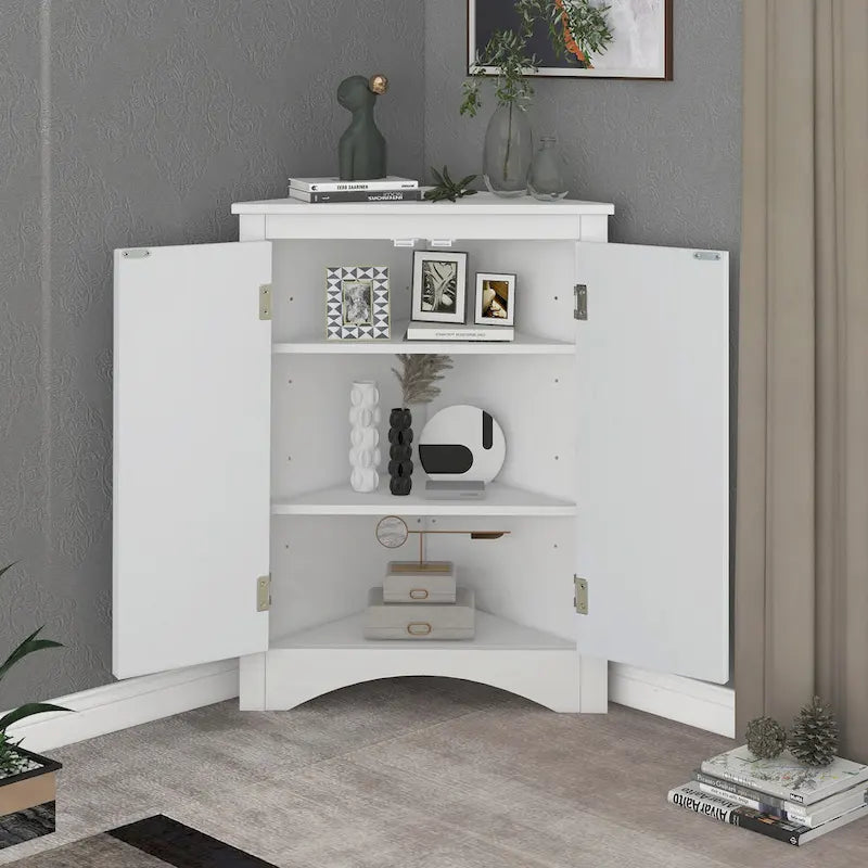 Meuble de Rangement d'Angle Deux Portes Trois Étagères Réglables Base Cintrée MDF Finition Grain de Bois Résistante à l'Humidité