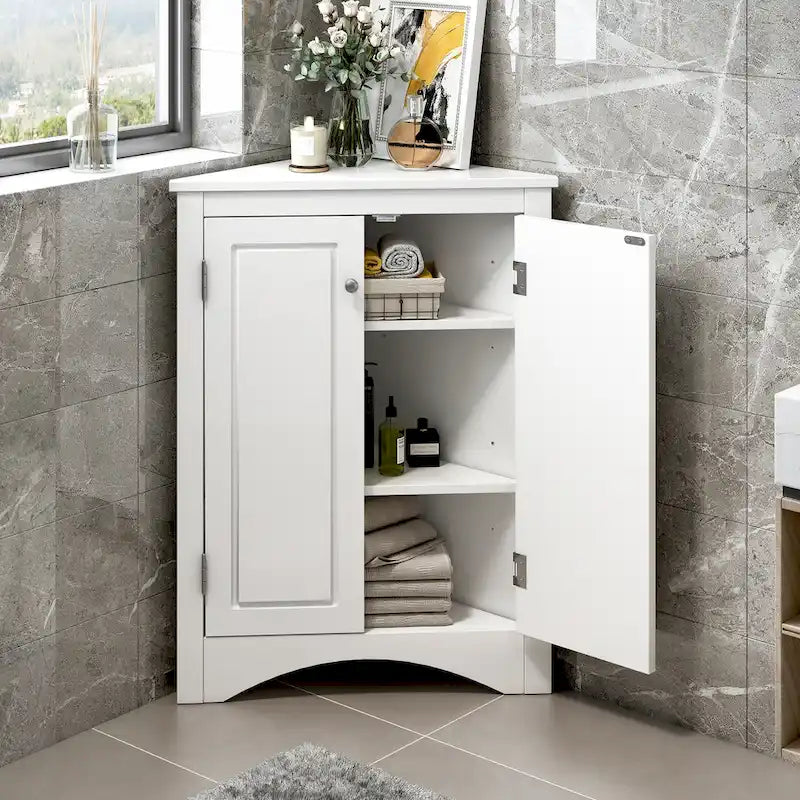 Meuble de Rangement d'Angle Deux Portes Trois Étagères Réglables Base Cintrée MDF Finition Grain de Bois Résistante à l'Humidité