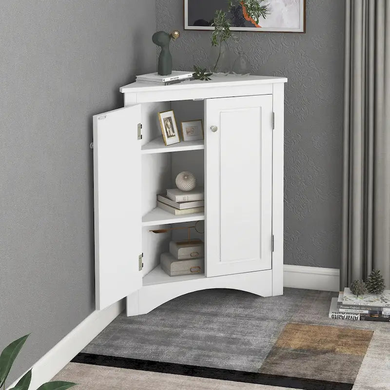 Meuble de Rangement d'Angle Deux Portes Trois Étagères Réglables Base Cintrée MDF Finition Grain de Bois Résistante à l'Humidité