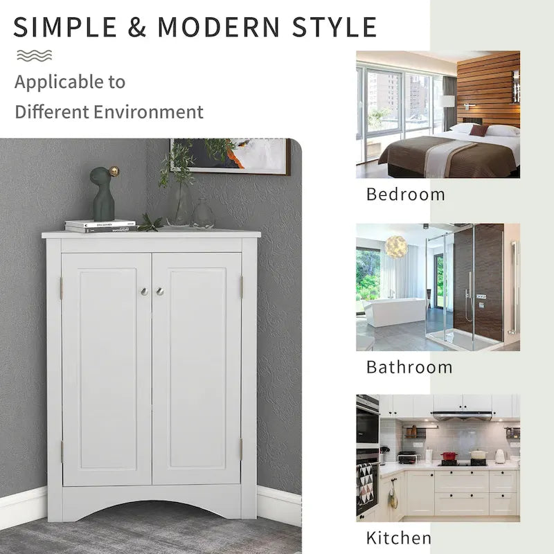 Meuble de Rangement d'Angle Deux Portes Trois Étagères Réglables Base Cintrée MDF Finition Grain de Bois Résistante à l'Humidité
