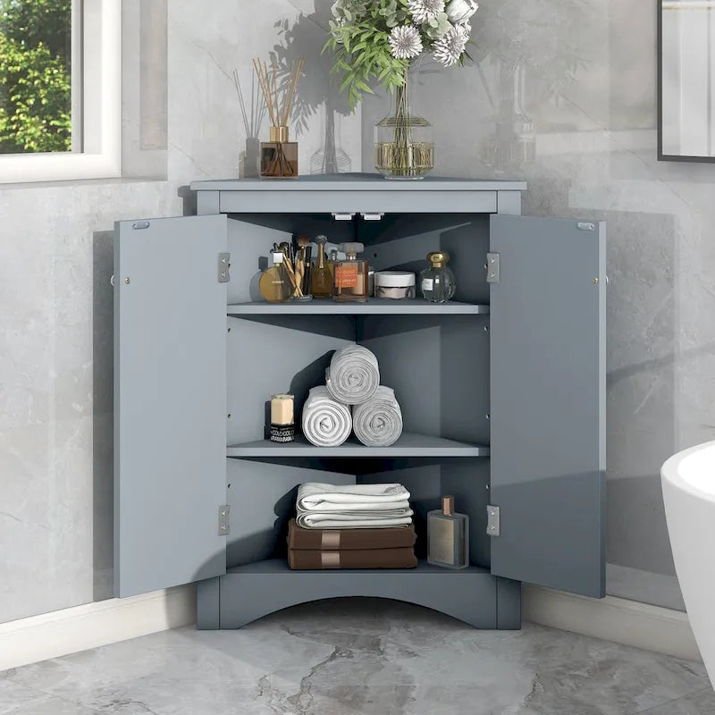 Meuble de Rangement d'Angle Deux Portes Trois Étagères Réglables Base Cintrée MDF Finition Grain de Bois Résistante à l'Humidité